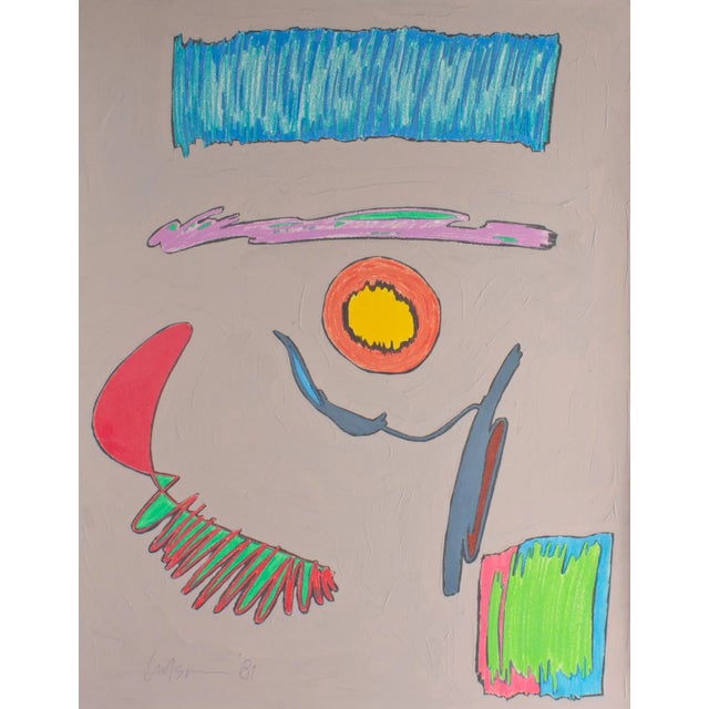 A 1981 abstract mixed media painting by American artist Harry Hilson (1935-2004). Composed of gouache, graphite, and...