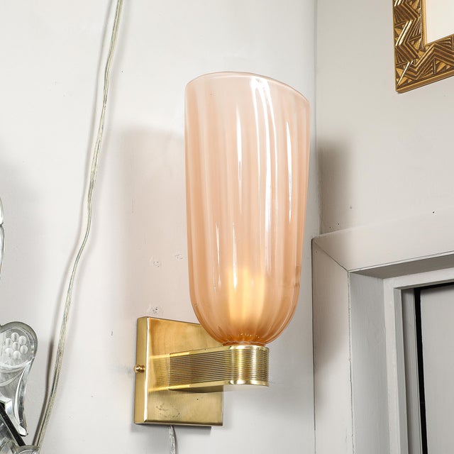 Modernist Hand-Blown Smoked Rose Murano Fluted Glass Sconces With Brass Fittings For Sale - Image 9 of 17