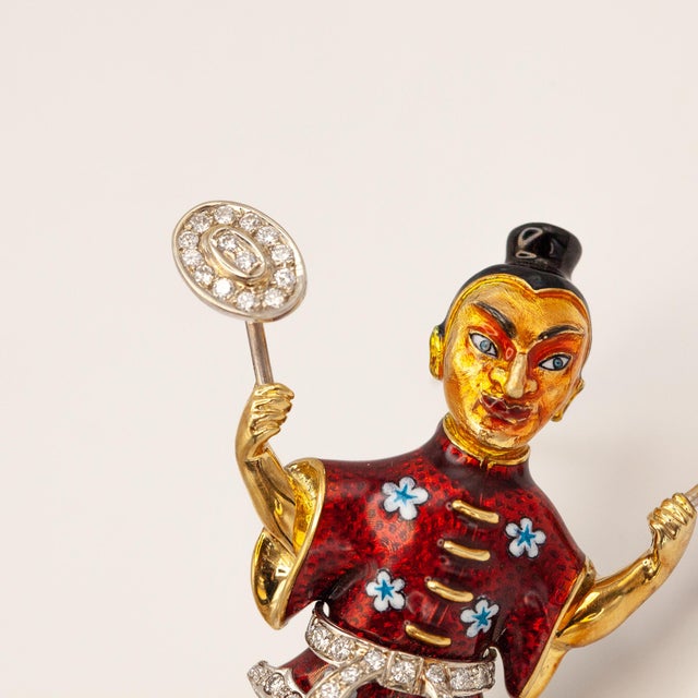 1970s Vintage 18k Yellow Gold Diamond Enamel Juggler Brooch For Sale - Image 4 of 9