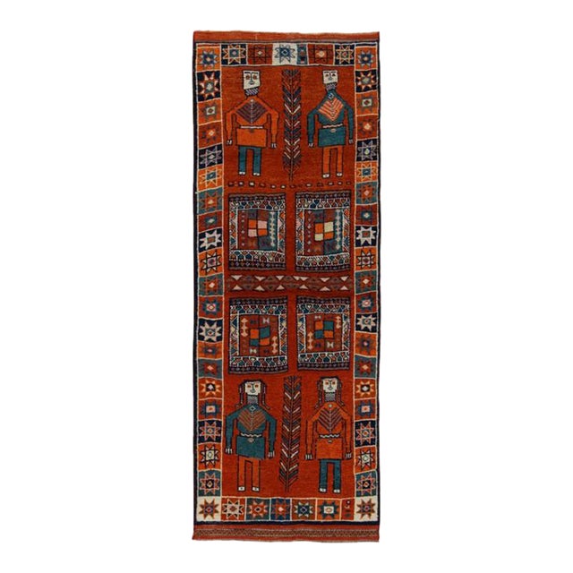 1950s Vintage Tribal Rug in Orange, Red and Blue Pictorial Patterns For Sale