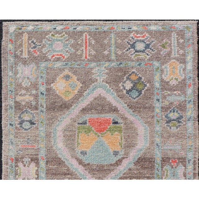 Small Turkish Oushak Rug With Central Medallion in Lt Brown and Seafoam Accents For Sale - Image 4 of 9