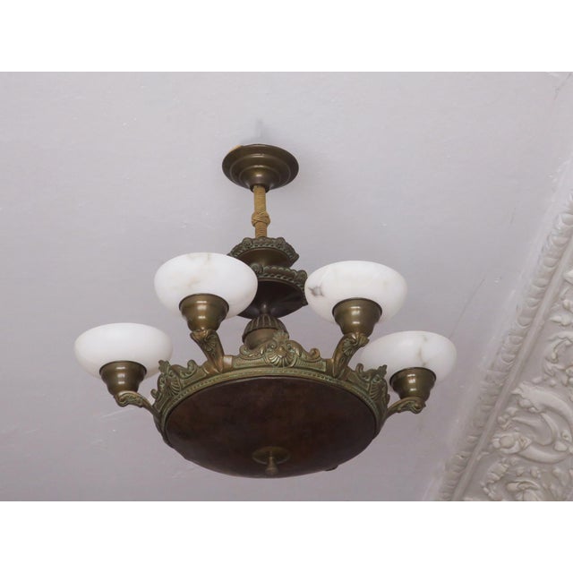 Antique Bronze and Alabaster Chandelier with Verdigris, 1910 For Sale - Image 12 of 12