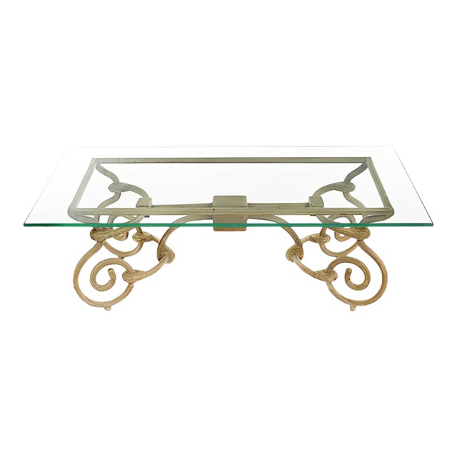 Vintage Iron Coffee Table with Glass Top For Sale