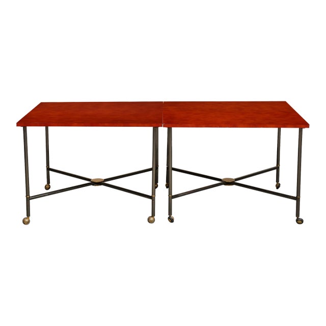 Midcentury Bronze and Red Lacquer 2-Piece Dining Table on Casters For Sale