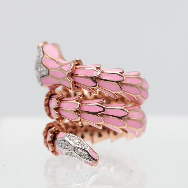 Alexis Ny Diamond Ruby Pink Enamel Serpent Wrap Ring in 18k and Sterling, Size 6 For Sale In New York - Image 6 of 12