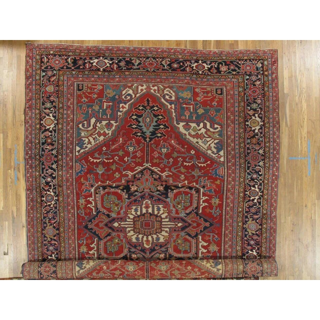 Persian Antique Persian Heriz Handmade Wool Oriental Red, Navy & Light Blue Rug For Sale - Image 3 of 7