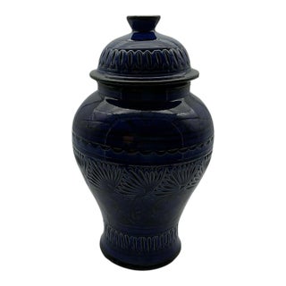 Vintage Moroccan Safi Assif Poterie Blue Lidded Jar 12” Handcrafted Pottery For Sale