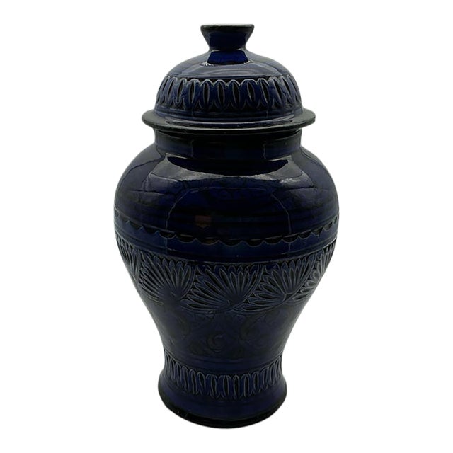 Vintage Moroccan Safi Assif Poterie Blue Lidded Jar 12” Handcrafted Pottery For Sale