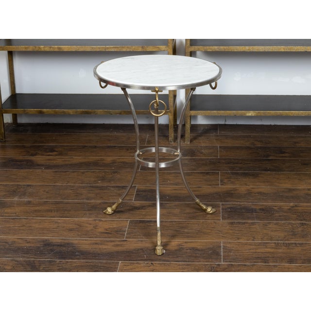 Silver Midcentury Italian Maison Jansen Style Steel and Brass Table with Marble Top For Sale - Image 8 of 11