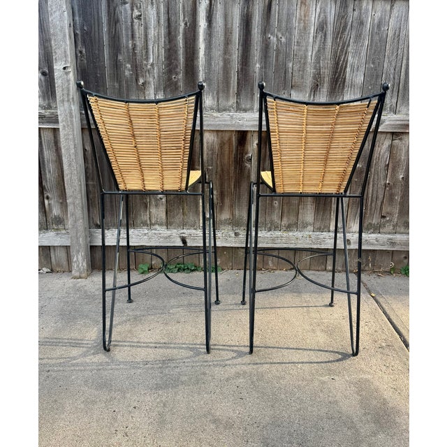 Mid-Century Modern Mid-Century Modern Wrought Iron & Woven Rattan Bar Stools — A Pair For Sale - Image 3 of 4