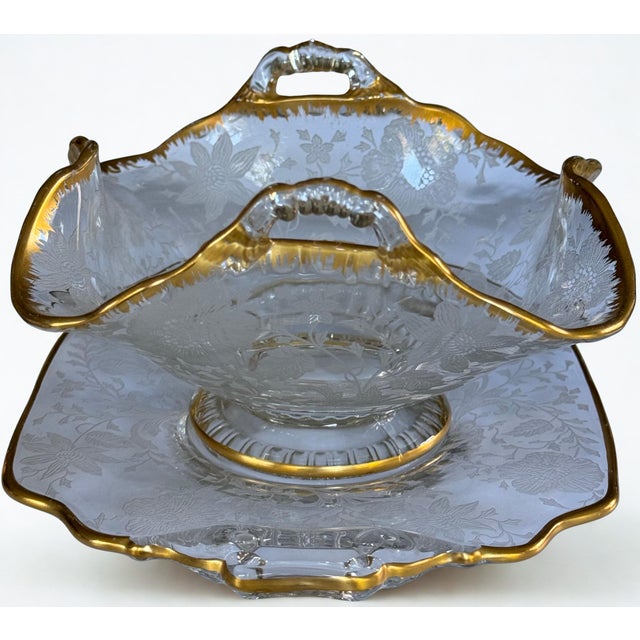 Gold Gilt Cambridge Wildflowers Bon Bon Plate & Basket Depression Glass - Two Pieces For Sale - Image 9 of 12