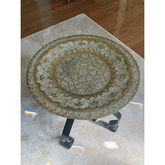 Metal Moroccan Brass Table on Black Iron Stand For Sale - Image 7 of 9