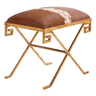 Gilt Iron Bench Upholstered in New Cowhide. Contemporary. For Sale