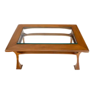 Art Nouveau Solid Carved Teak Unusual Rectangle Coffee Table Thick Glass Top