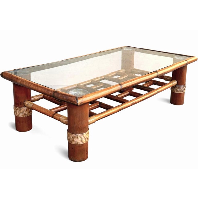 Vintage Coastal Bamboo Coffee Table W/ Glass Top & Rattan Wrapped Details For Sale - Image 9 of 10