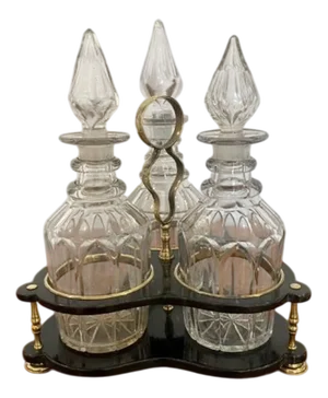 Antique Victorian Decanter Stand with Three Original Cut Glass Decanters, 1860, Set of 4
