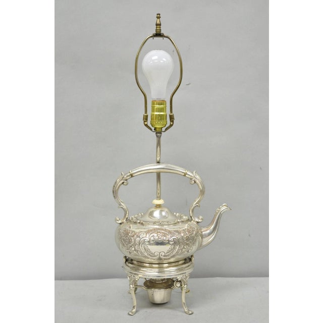Antique Victorian Cheltenham Converted Silver Plated Tea Kettle Table Lamp For Sale - Image 4 of 18