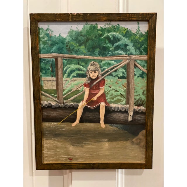Pretty Original Portrait Painting of a Little Girl Fishing Off Bridge - Framed