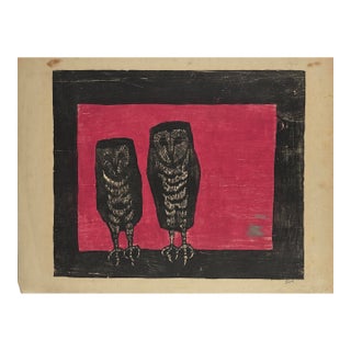 Richard Hood - Expressionist Owl Unique Woodcut Print, Signed (Woodcut on Rice Paper) For Sale