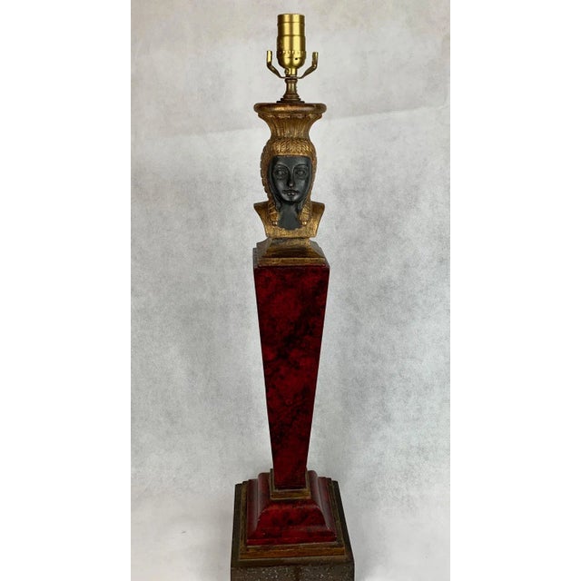 Egyptian Revival Carved Wood Faux Finish Lamp in Reds & Blacks-1920s For Sale - Image 9 of 15