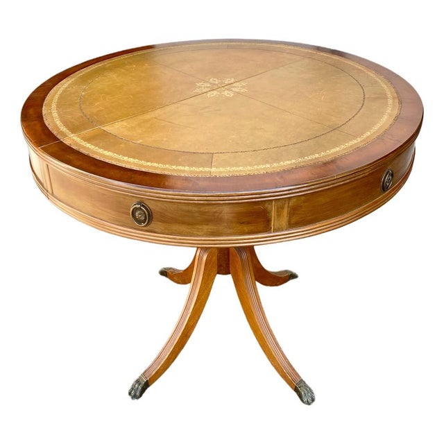 Brown Round Mahogany Table with English-Style Leather Top, 1950s For Sale - Image 8 of 8