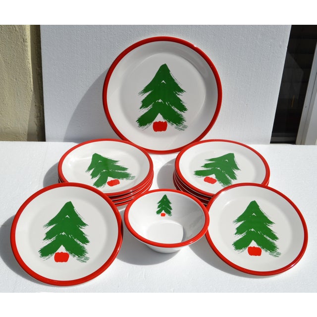Set of 12 Holiday Dinnerware by Finland Designer Marimekko Oy in durable stoneware with red band and green Christmas Tree,...