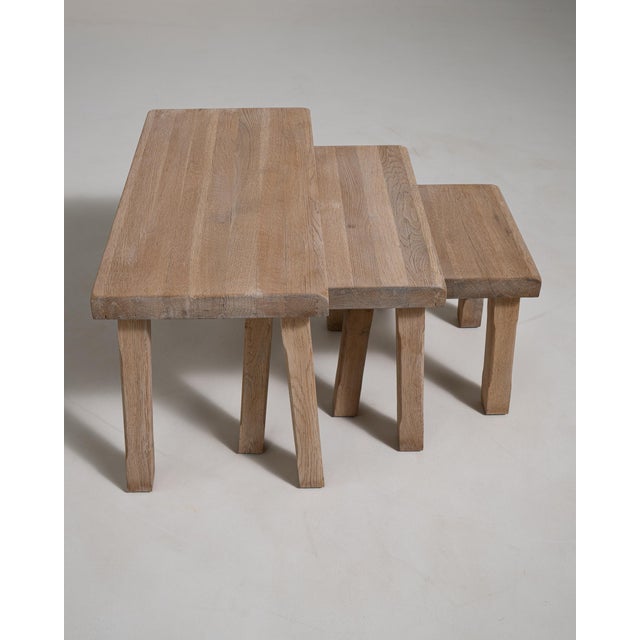 Set of Three Oak Brutalist Nesting Tables, Antique, France, Circa 1970 For Sale - Image 9 of 13