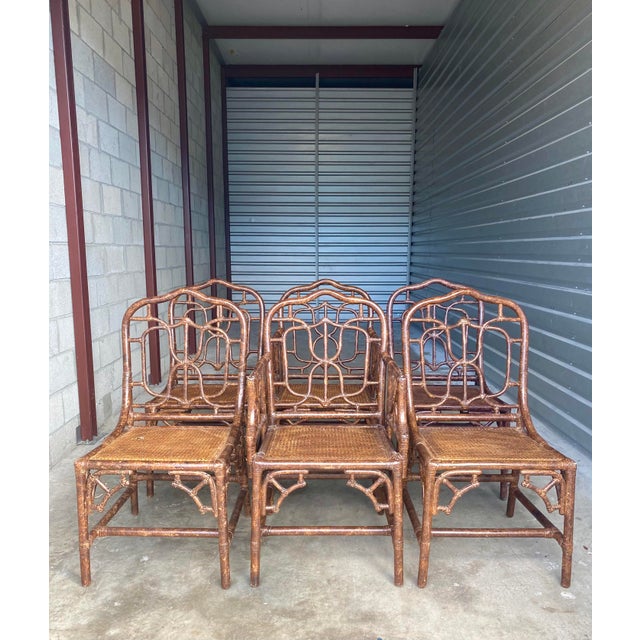 Vintage Coastal Fretwork Bamboo Dining Chairs After Maitland Smith