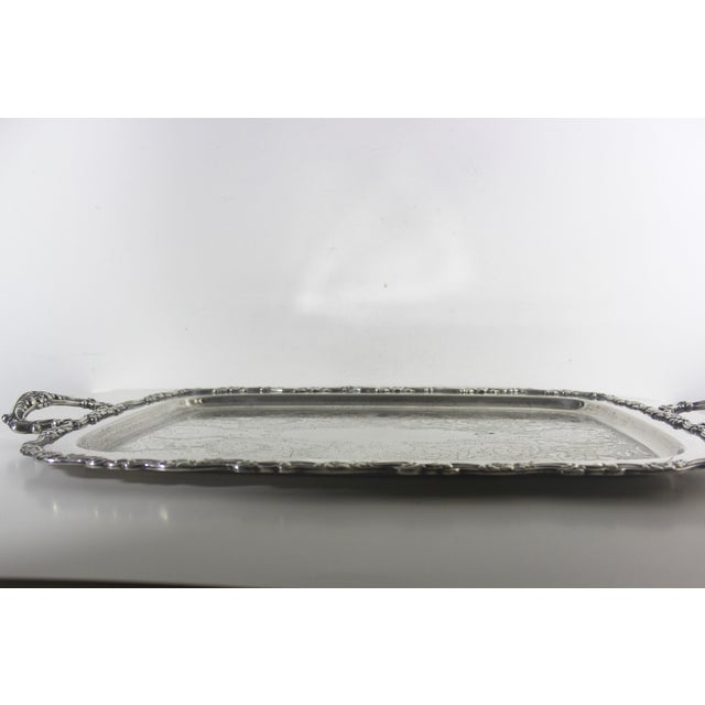 Extra Large Butler’s Tray Silver Plated Rectangular Platter Vintage Plate Ornate Floral Handles Embossed Serving For Sale - Image 9 of 15
