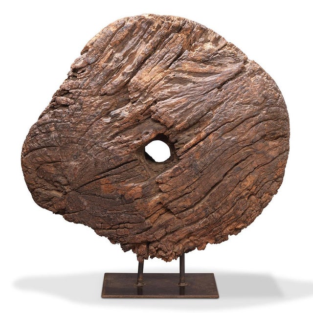 Wood Vintage Wooden Cart Wheel on Iron Stand, 1940s For Sale - Image 7 of 7