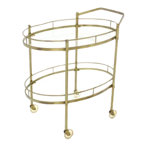 Mid Century Italian Oval Brass and Glass Two Tier Tea Bar Cart on Wheels