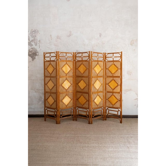 Wood Folding Bamboo Screen with Woven Rush Panels, 1970s For Sale - Image 7 of 7
