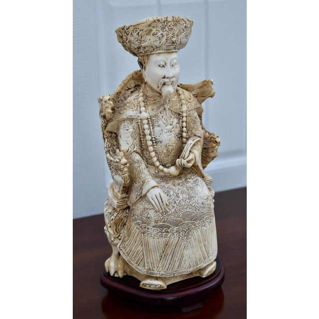 Vintage Emperor Resin Statue Chinese Faux Ivory Carved Figurine Dragon Throne For Sale In Philadelphia - Image 6 of 15