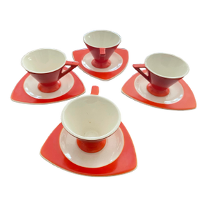1930s Art Deco Salem Tricorne Streamline Mandarin Orange Cups and Saucers - Set of 4