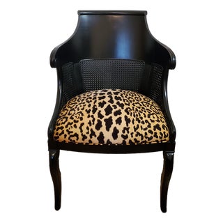 Vintage Regency Style Cane Back Barrel Chair With Leopard Seat For Sale