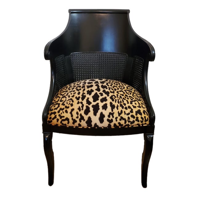 Vintage Regency Style Cane Back Barrel Chair With Leopard Seat For Sale