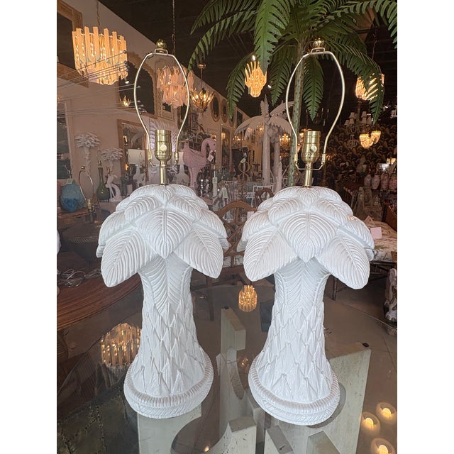 White Vtg. Pair Plaster White Lacquered Palm Beach Tree Table Lamps Newly Wired Brass For Sale - Image 8 of 12