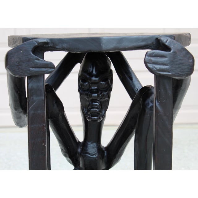 Vintage African Figural Side Table – Hand-Carved Sculptural Pedestal, Tribal Art Accent Table, Dark Hardwood For Sale In Naples, FL - Image 6 of 14