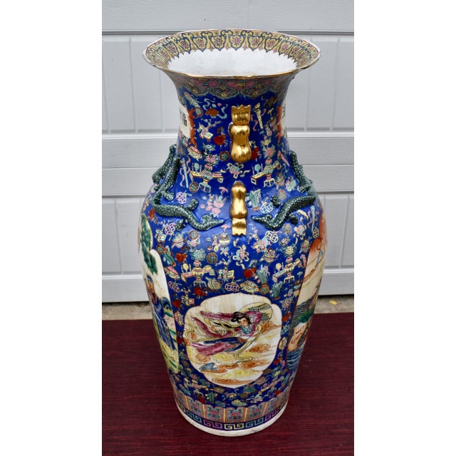 42 Chinese Floor Vase Famille Rose Gilt Dragon Handles Sanxing Star Gods For Sale - Image 12 of 16