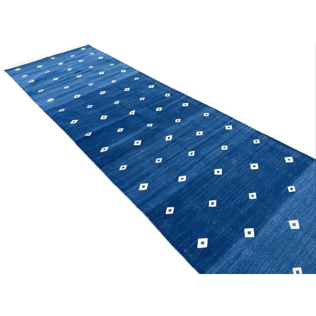 Textile Not Yet Made - Made To Order Handmade Reversible Cotton Runner Rug Vegetable Dyed Blue and White Diamond Dhurrie Runner -3'x14' For Sale - Image 7 of 11