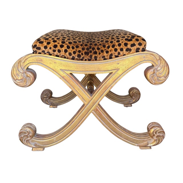 Rococo 18th C Style Rococo Giltwood & Leopard Velvet X Bench Footstool Ottoman For Sale - Image 3 of 5