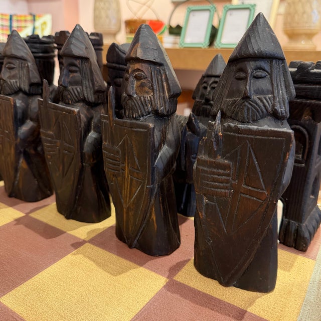Vintage Mid-Century Carved Chess Board Coffee Table With Chess Pieces For Sale - Image 15 of 16