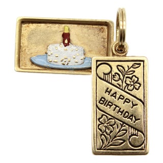 1940s 14k Gold Mechanical Enamel Happy Birthday Charm For Sale