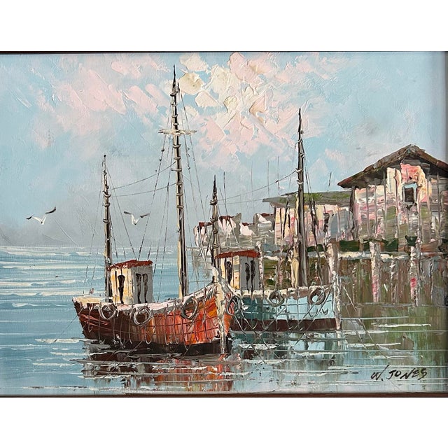 Vintage Impressionist Oil Painting of Fishing Boats at Dock Signed W Jones For Sale - Image 4 of 8
