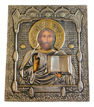 Orthodox Icon in Wood and Silver, 1800s