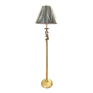 1970s Brass Floor Lamp With Dolphin and Lamp Shade For Sale