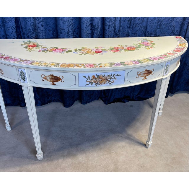 1980s Hand Painted White and Floral Demilune Table For Sale - Image 4 of 16