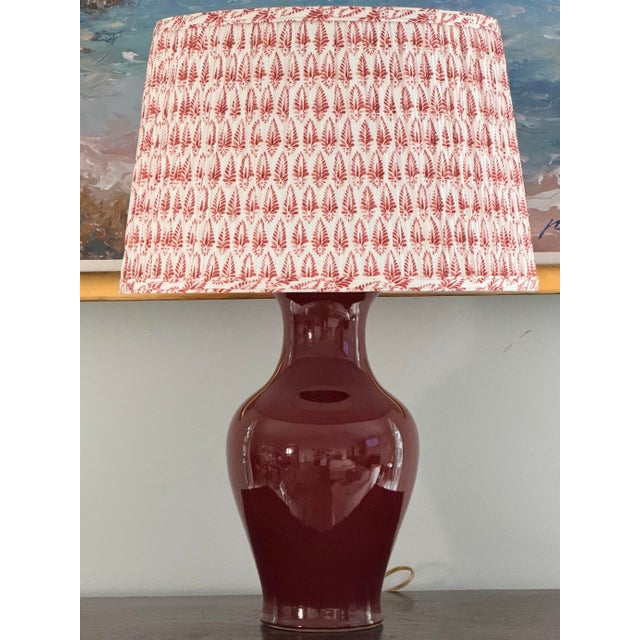 Ceramic Tall Sang De Boeuf Oxblood Red Chinese Porcelain Lamp With Shade For Sale - Image 7 of 10