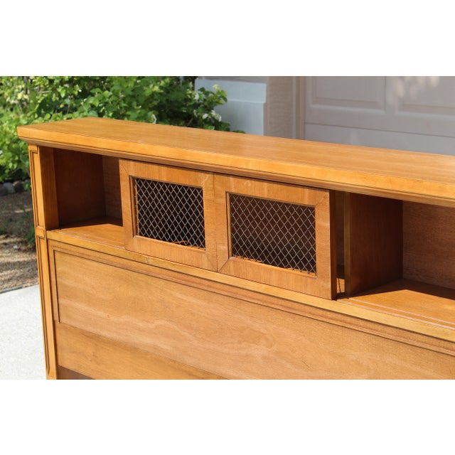 Mid-Century Modern Full Size Bar Headboard – 1970s Vintage Wood Frame With Storage & Brass Grille Panels For Sale - Image 11 of 17