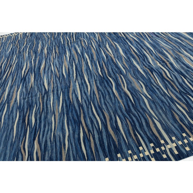 Contemporary Handmade Oceanic Blue Wave Kilim Wool Area Rug Luxury Flat-Weave For Sale - Image 4 of 12